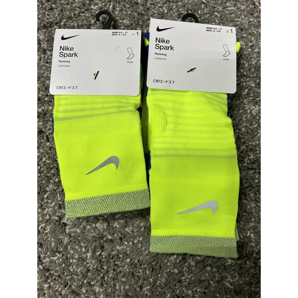 Nike Mens Size 8-9.5 Volt Green Blue Ankle Cushioned Socks 2 Pair